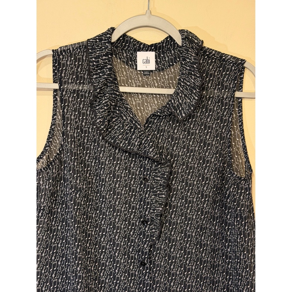 Cabi Women Sleeveless Blouse‎ Black Small Music Note Print Ruffle Office Teacher - Picture 4 of 7